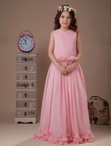 Belle Rose Sans Manches Col V Mousseline Robe Ceremonie Fille Robe Fille Mariage