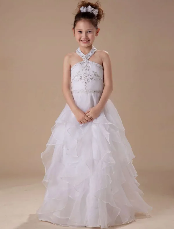 Hvit A Linje Grime Satin Gulv Lengde Blomsterpike Kjole Til Barn