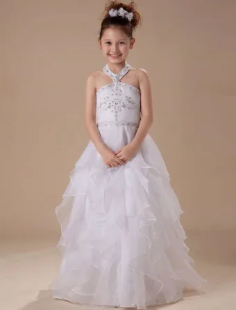 Vestido De La Longitud Del Piso Del Halter De Satén Niña De Las Flores Blanco Una Línea