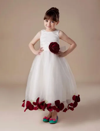 Sleeveless Sash Flower Satin Tulle Flower Girl Dress