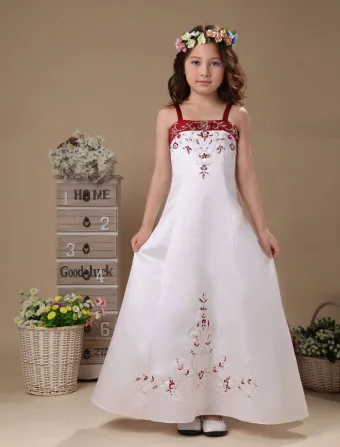 White Embroidery Satin Flower Girl Dress