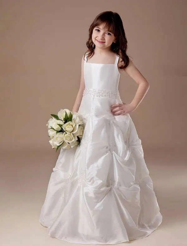 White Sleeveless Ball Gown Satin Flower Girl Dress
