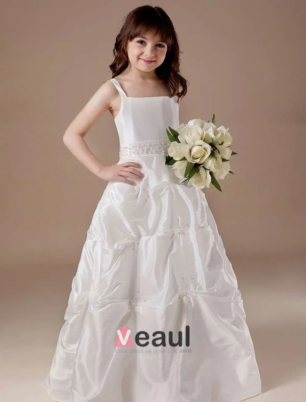 White Sleeveless Ball Gown Satin Flower Girl Dress