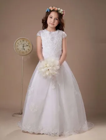 White Lace Satin Organza Flower Girl Dress