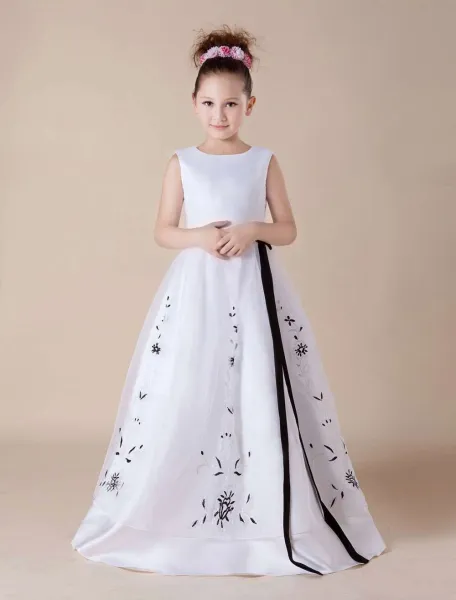 White Embroidery Sash Satin Organza Flower Girl Dress