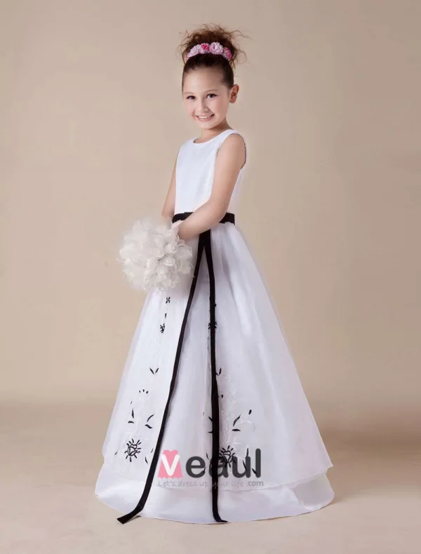White Embroidery Sash Satin Organza Flower Girl Dress
