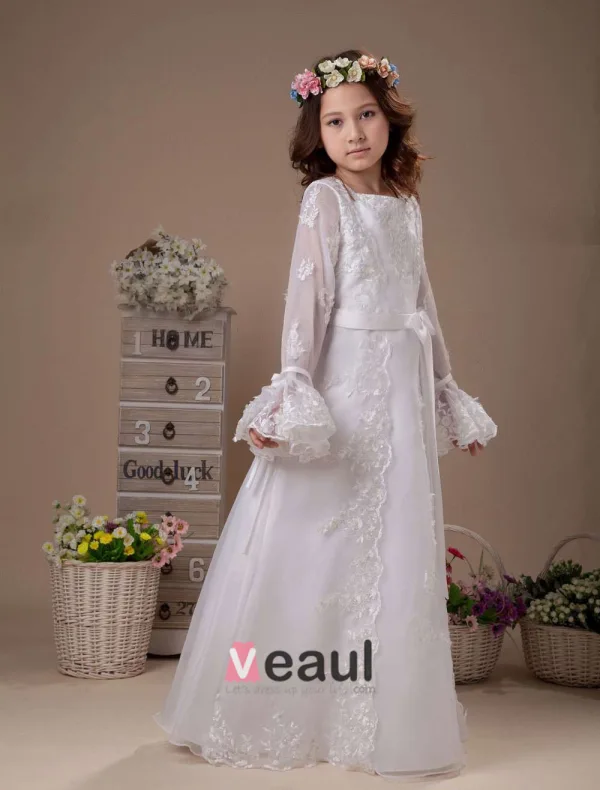 White Embroidery Long Sleeves Satin Flower Girl Dress