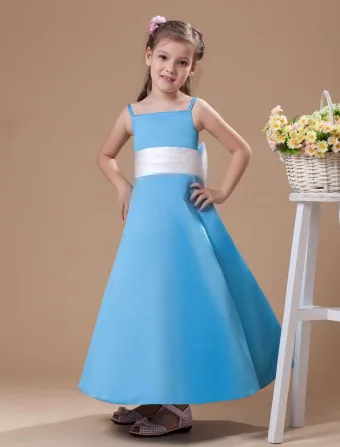 Blue Spaghetti Sash Bow Satin Flower Girl Dress