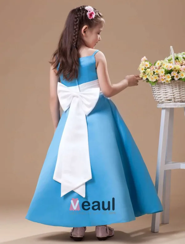 Blue Spaghetti Sash Bow Satin Flower Girl Dress