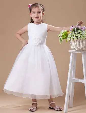 White Vintage Satin Flower Girl Dress