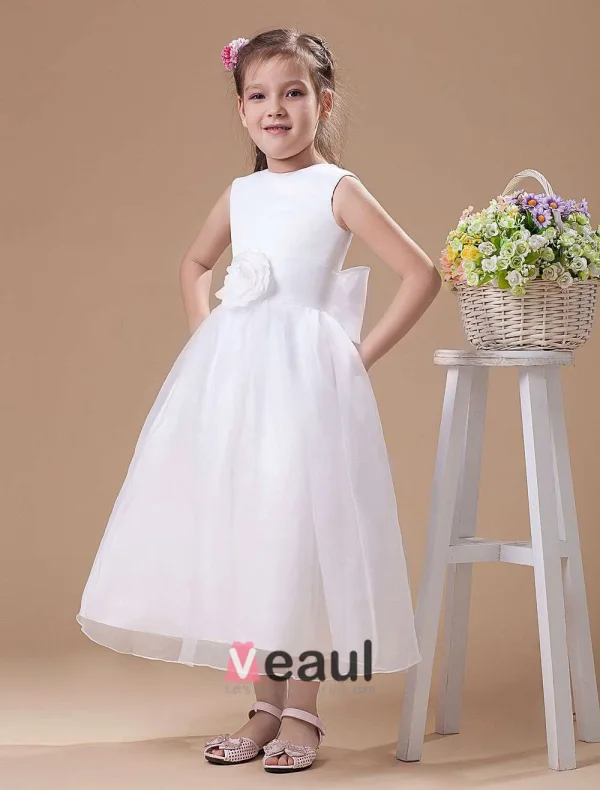 White Vintage Satin Flower Girl Dress
