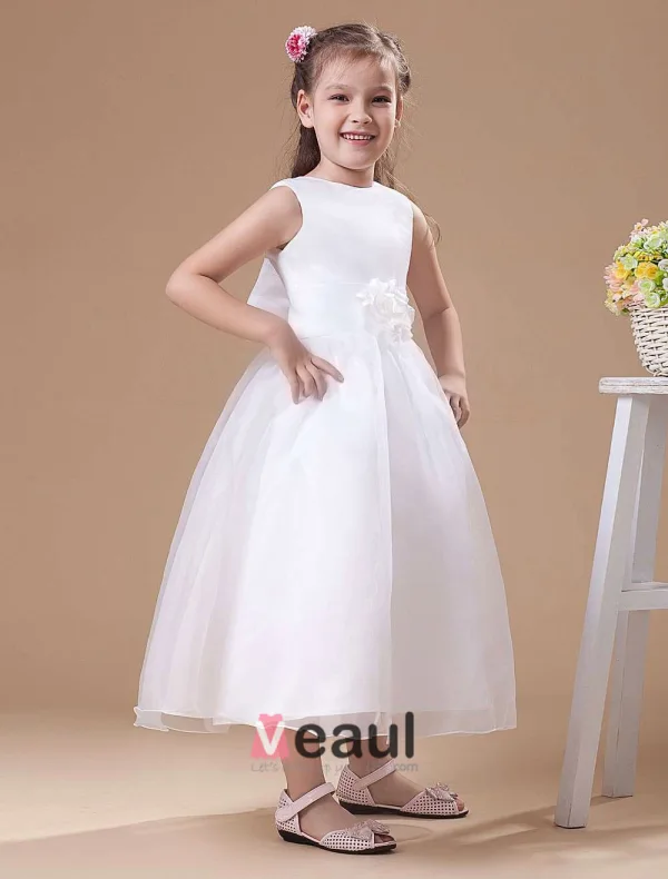 White Vintage Satin Flower Girl Dress