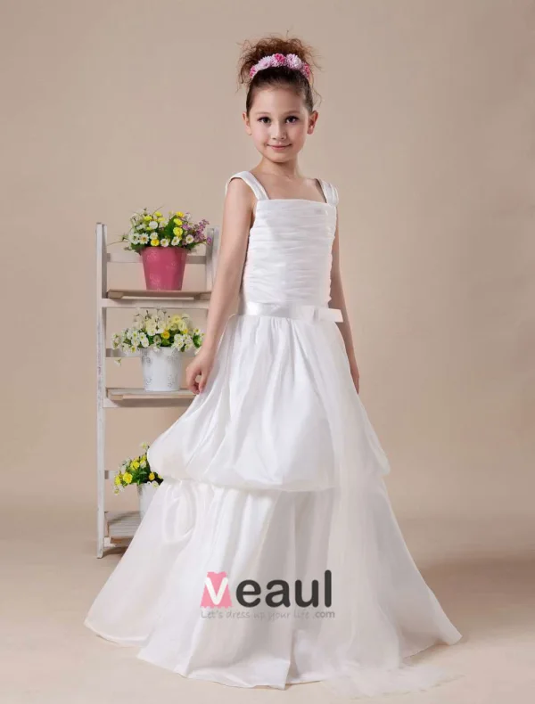 Ivory Ligne-carré Satin Robe Longueur De Thé De Robe Ceremonie Fille Robe Fille Mariage