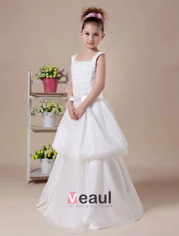 Ivory Ligne-carré Satin Robe Longueur De Thé De Robe Ceremonie Fille Robe Fille Mariage