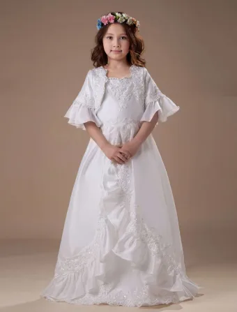Vestidos Para Niñas De Las Flores Hasta El Suelo Tafetán Cuadrado Blanco Una Línea