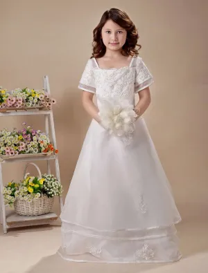 Hvit A Linje Firkant Satin Ermene Gulv Lengde Kjoler Til Barn Blomsterpikekjoler