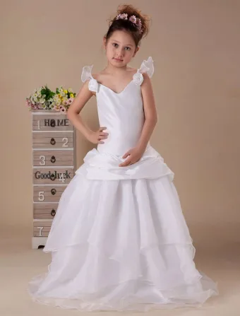Vestido De La Muchacha De Flor Del Tafetán De La Longitud Del Piso V Cuello Blanco