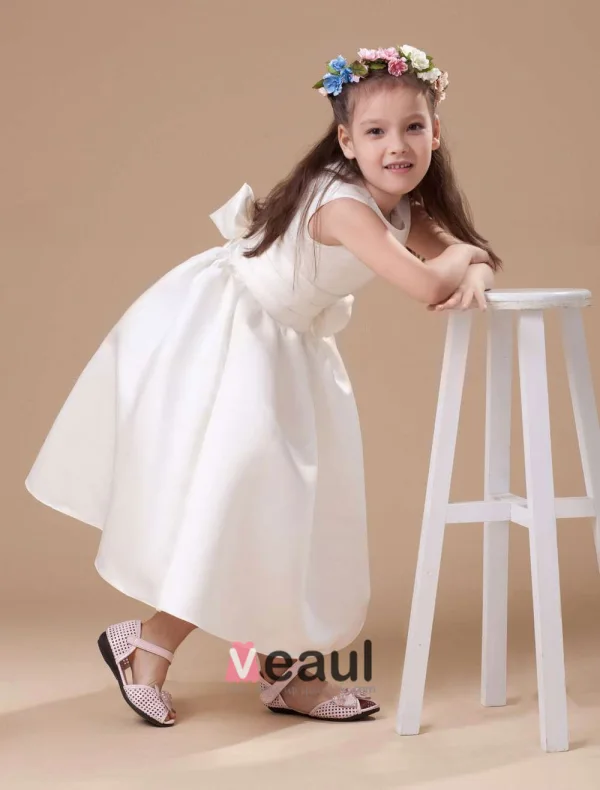 Ivory Satin Sash Flower Girl Dress