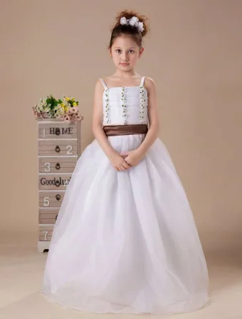 Blanc Romantique Spaghetti Ceinture En Satin Robe Ceremonie Fille Robe Fille Mariage