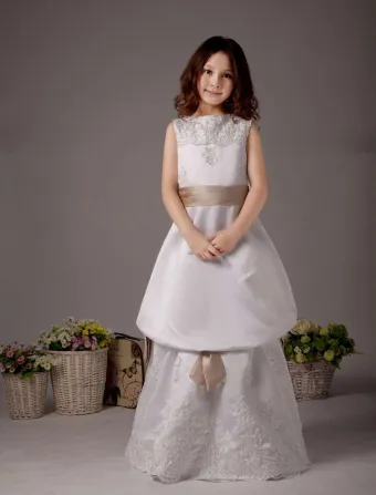 Vestido De La Muchacha De Flor De Satén Blanco Sin Mangas De La Hoja