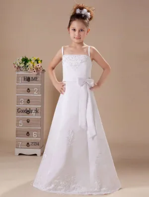 White Appliques Satin Sash Flower Girl Dress