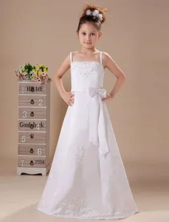 White Appliques Satin Sash Flower Girl Dress