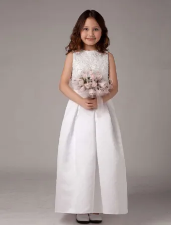 Vestidos Para Niñas De Las Flores De Encaje Blanco Sin Mangas De Satén