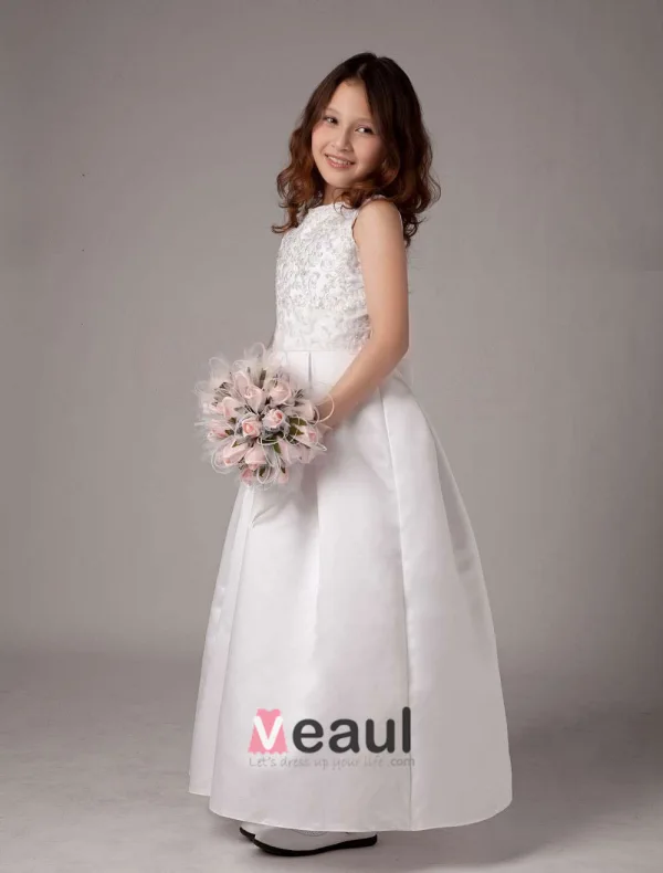 White Sleeveless Satin Lace Flower Girl Dress