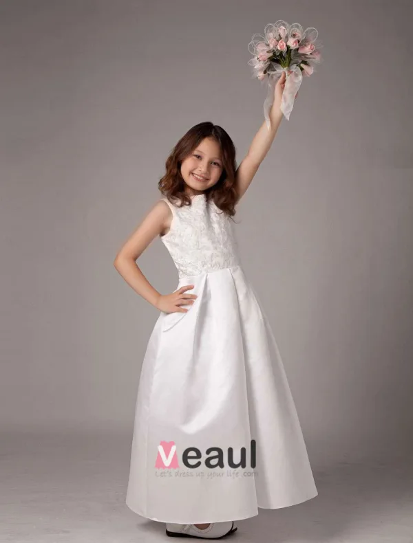 White Sleeveless Satin Lace Flower Girl Dress