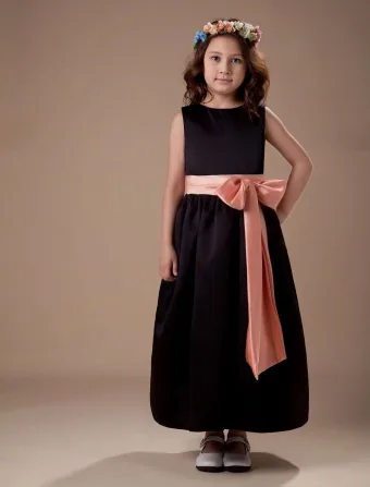 Black Sleeveless Sash Satin Flower Girl Dress