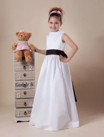 Beautiful White Satin Black Sash Flower Girl Dress