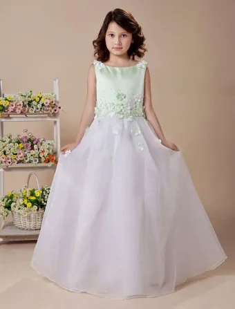 Vestido De La Longitud Del Piso Joya De Satén Niña De Las Flores Blanco Una Línea