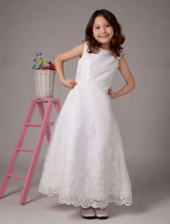 White Sleeveless Embroidery Lace Sequin Beading Satin Flower Girl Dress