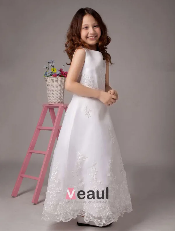 White Sleeveless Embroidery Lace Sequin Beading Satin Flower Girl Dress