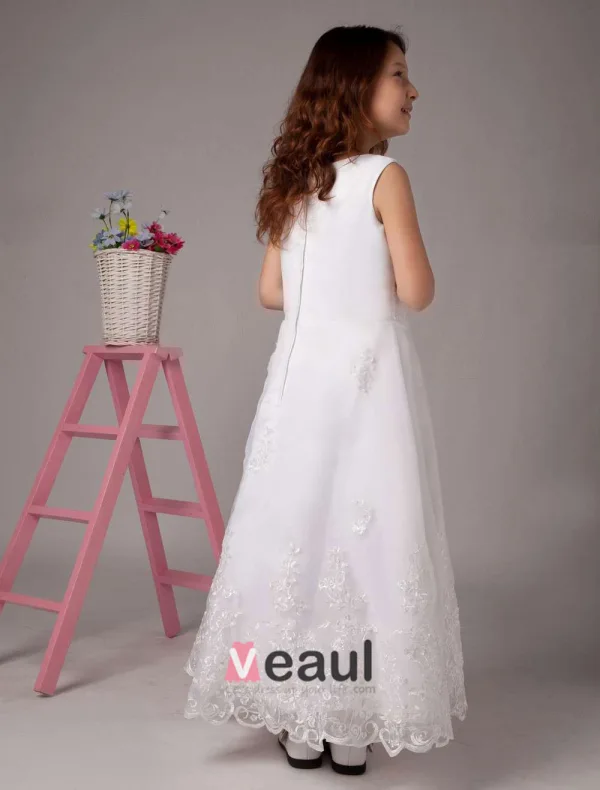 White Sleeveless Embroidery Lace Sequin Beading Satin Flower Girl Dress