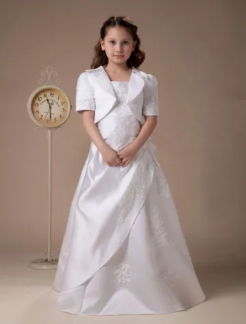 Veste Blanche Plissée Broderie Satin Robe Ceremonie Fille Robe Fille Mariage