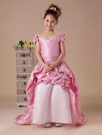Pink Off The Shoulder Taffeta Flower Girl Dress