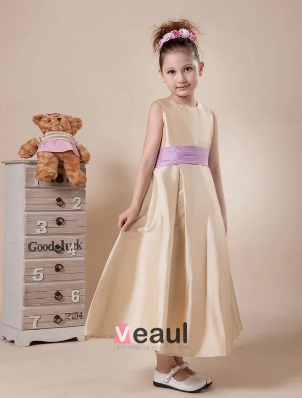 Simple Sleeveless Ankle Length Sash Flower Girl Dress