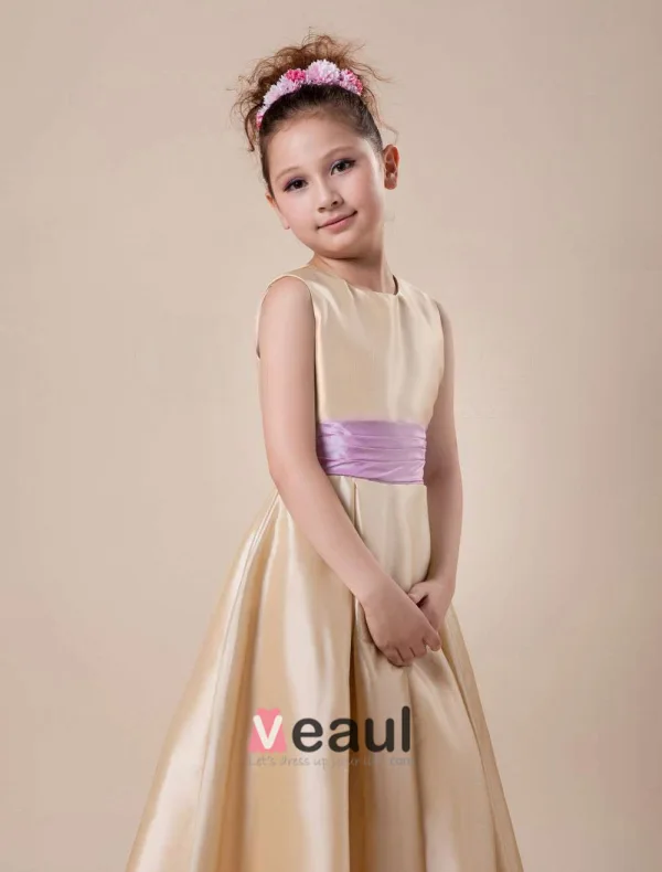 Simple Sleeveless Ankle Length Sash Flower Girl Dress