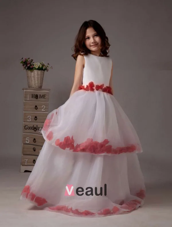 Multi-couche Blanche Sans Manches En Satin Robe Ceremonie Fille Robe Fille Mariage