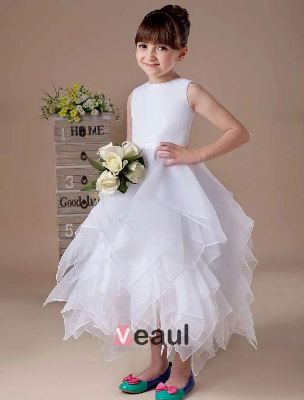 Adorable Blanc Sans Manches À Volants En Cascade Satin Robe Ceremonie Fille Robe Fille Mariage