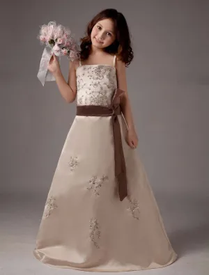Spaghetti Embroidery Sash Satin Flower Girl Dress