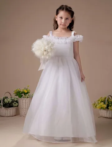 White Off The Shoulder Satin Organza Flower Girl Dress