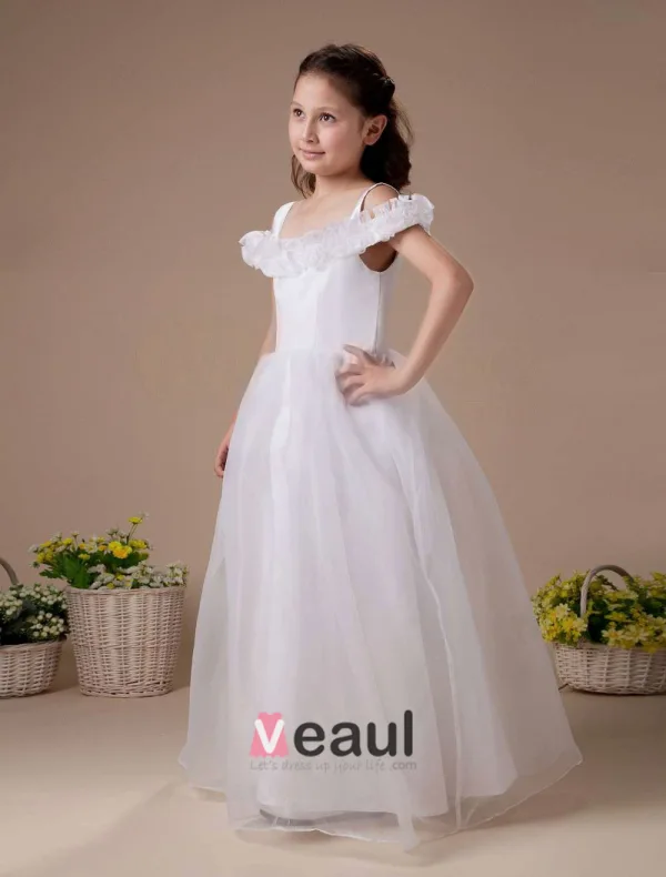 White Off-The-Shoulder Satin Organza Flower Girl Dress