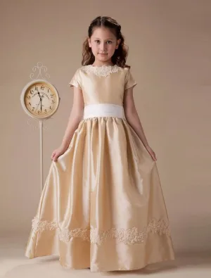 Short Sleeves Appliques Sash Taffeta Flower Girl Dress