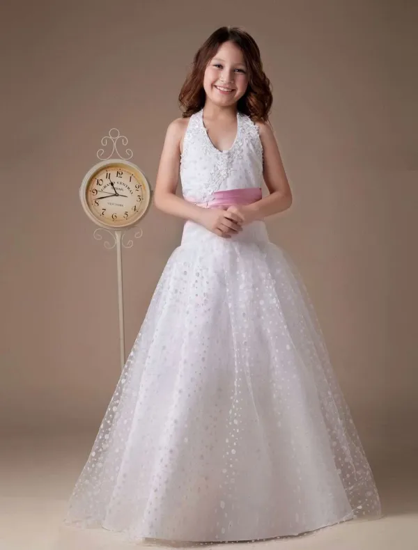 A-line Halter Satin Floor Length Flower Girl Dress