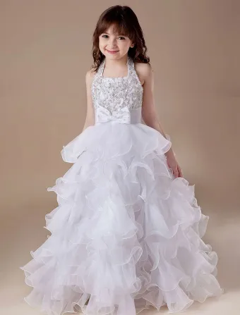 White A Line Square Satin Floor Length Flower Girl Dress