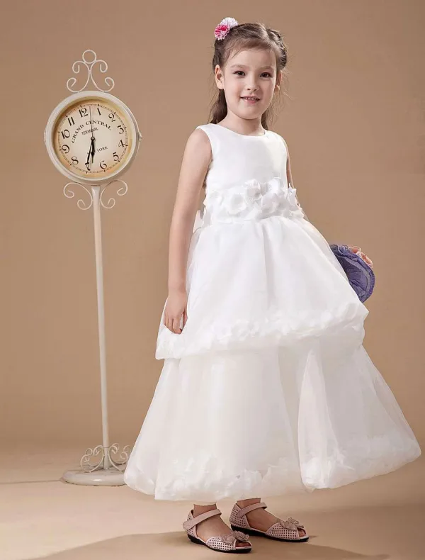 Adorable Gaze Blanche Ceinture Princesse Robe Ceremonie Fille Robe Fille Mariage