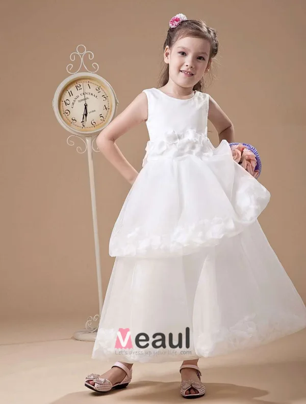 Adorable Gaze Blanche Ceinture Princesse Robe Ceremonie Fille Robe Fille Mariage