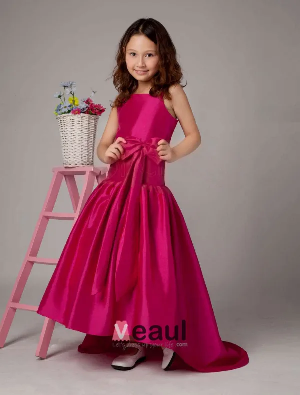 Fuchsia A-line Square Taffeta Sweep Flower Girl Dress